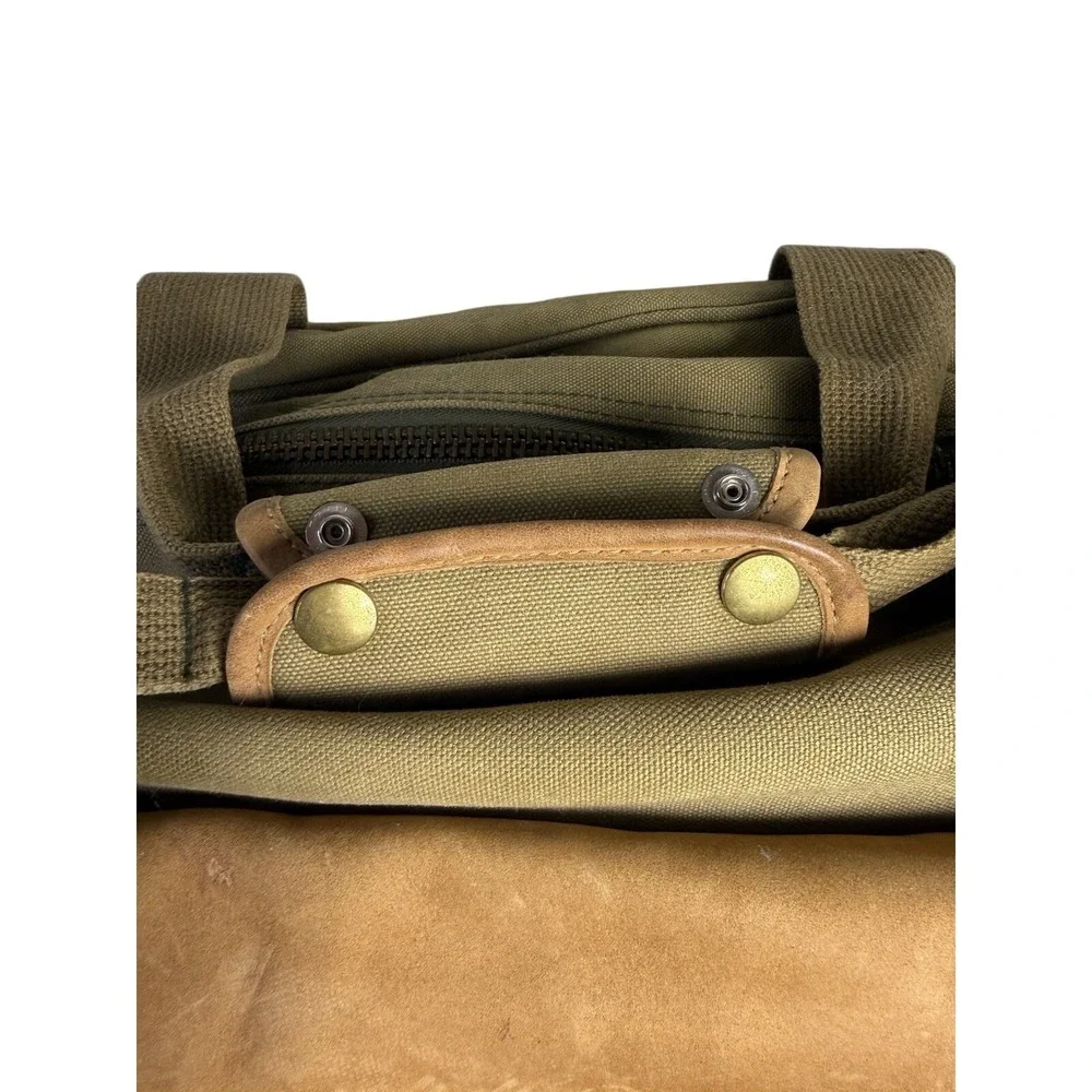 Vintage Eddie Bauer Army Green Safari Canvas Leather Duffle Shoulder Utility Bag